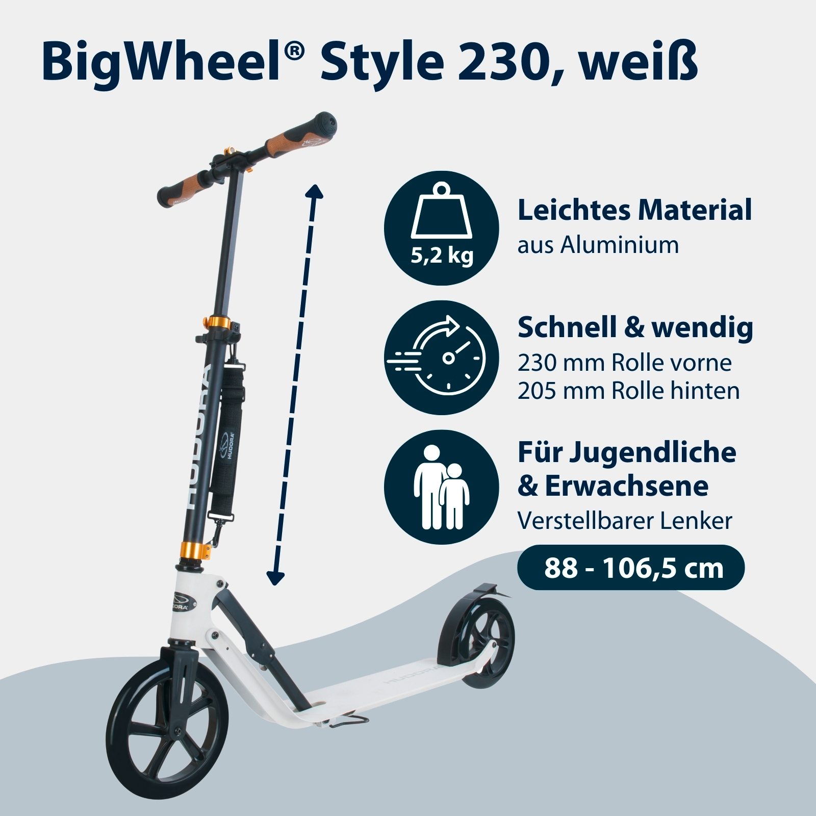 HUDORA BigWheel® Style 230, Scooter weiß, Bild 2 von 7