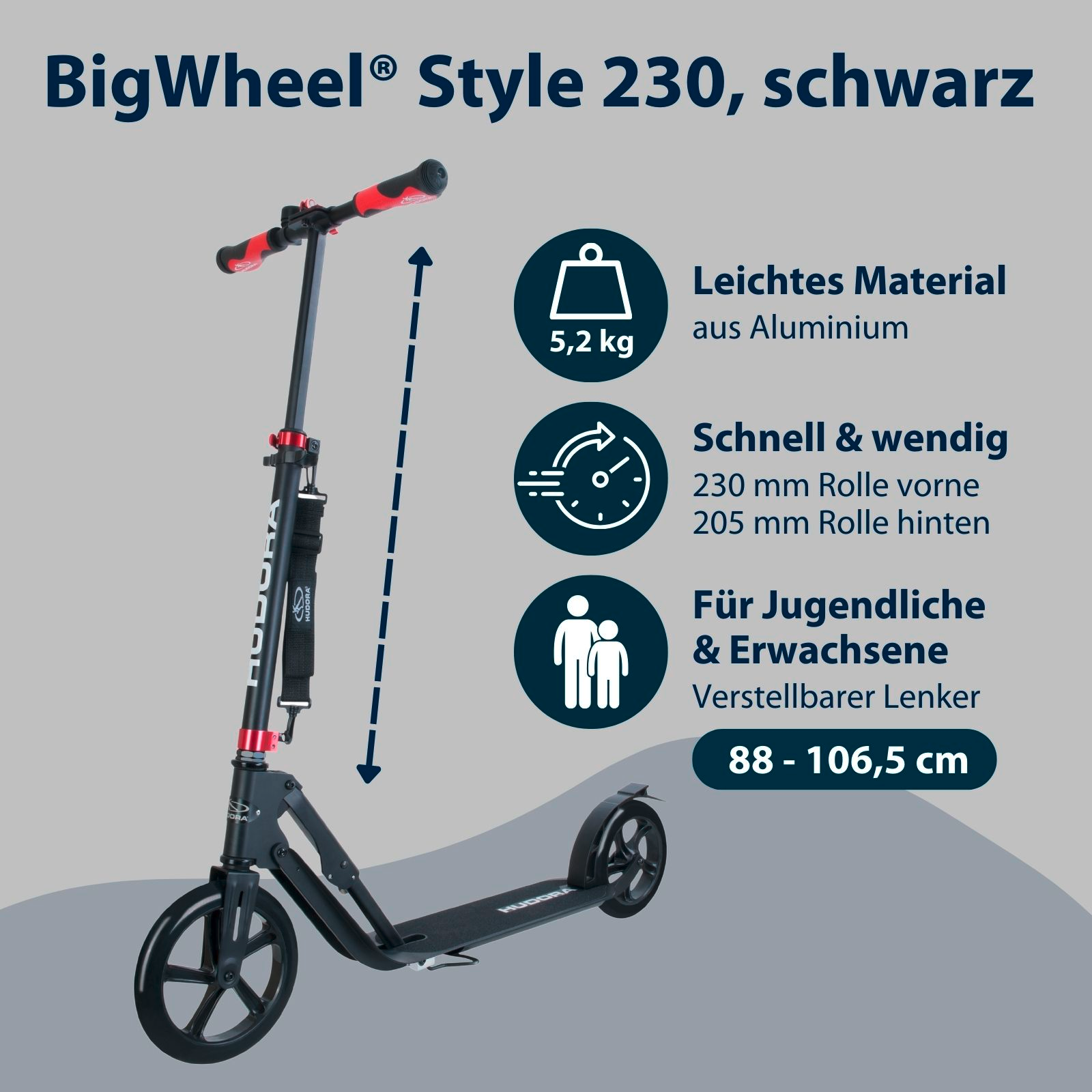 HUDORA BigWheel® Style 230, Scooter schwarz, Bild 2 von 7