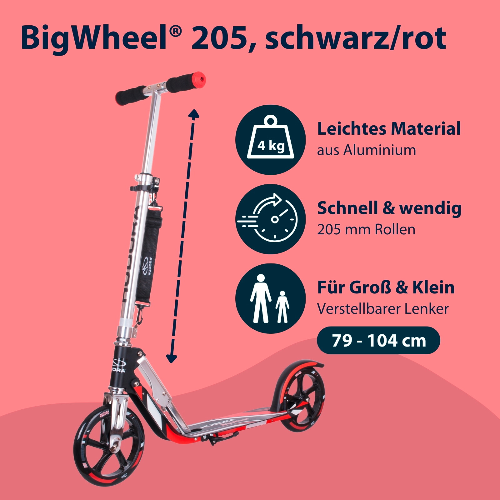 HUDORA BigWheel® 205, Scooter schwarz/rot, Bild 2 von 7