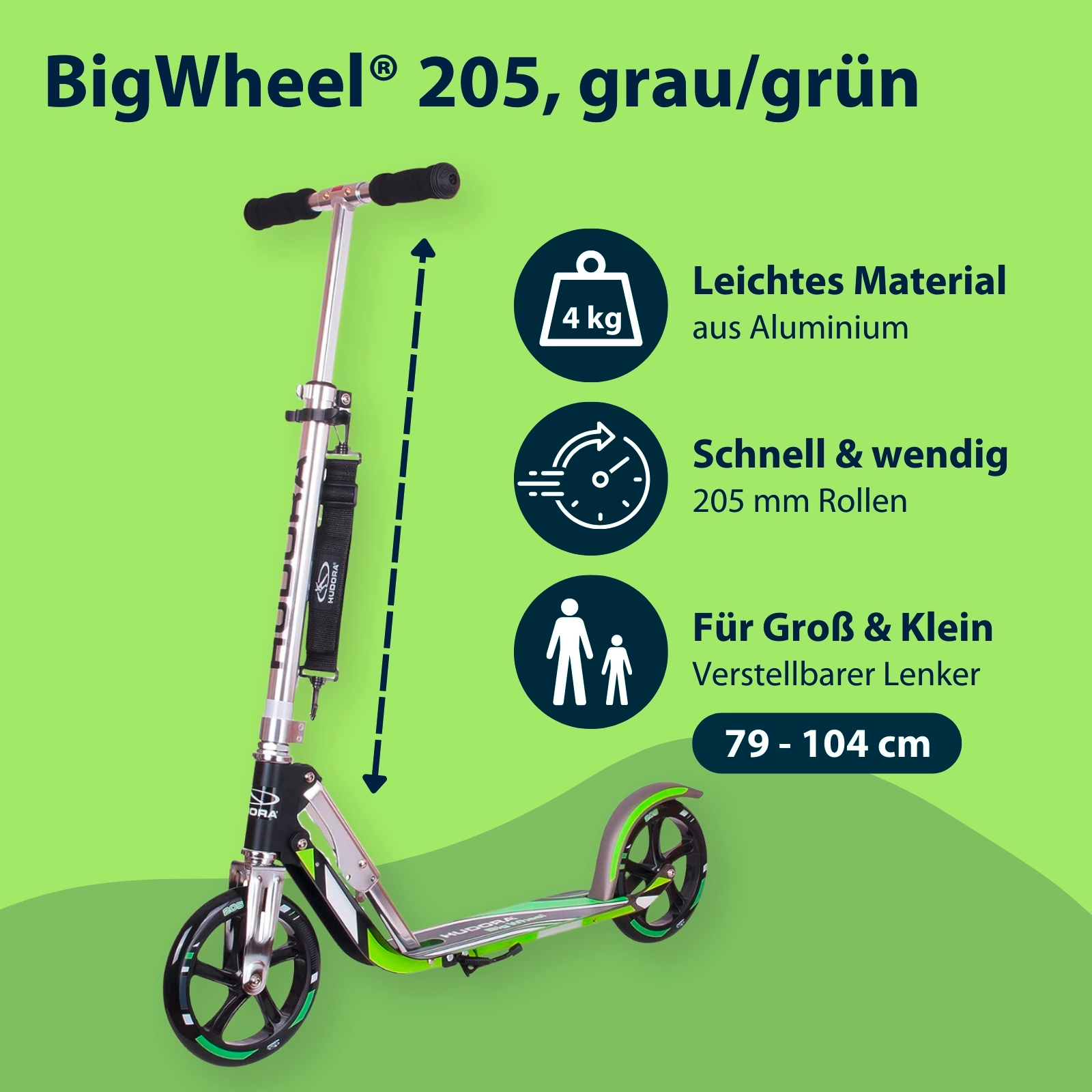 HUDORA BigWheel® 205, Scooter grau/grün, Bild 2 von 7