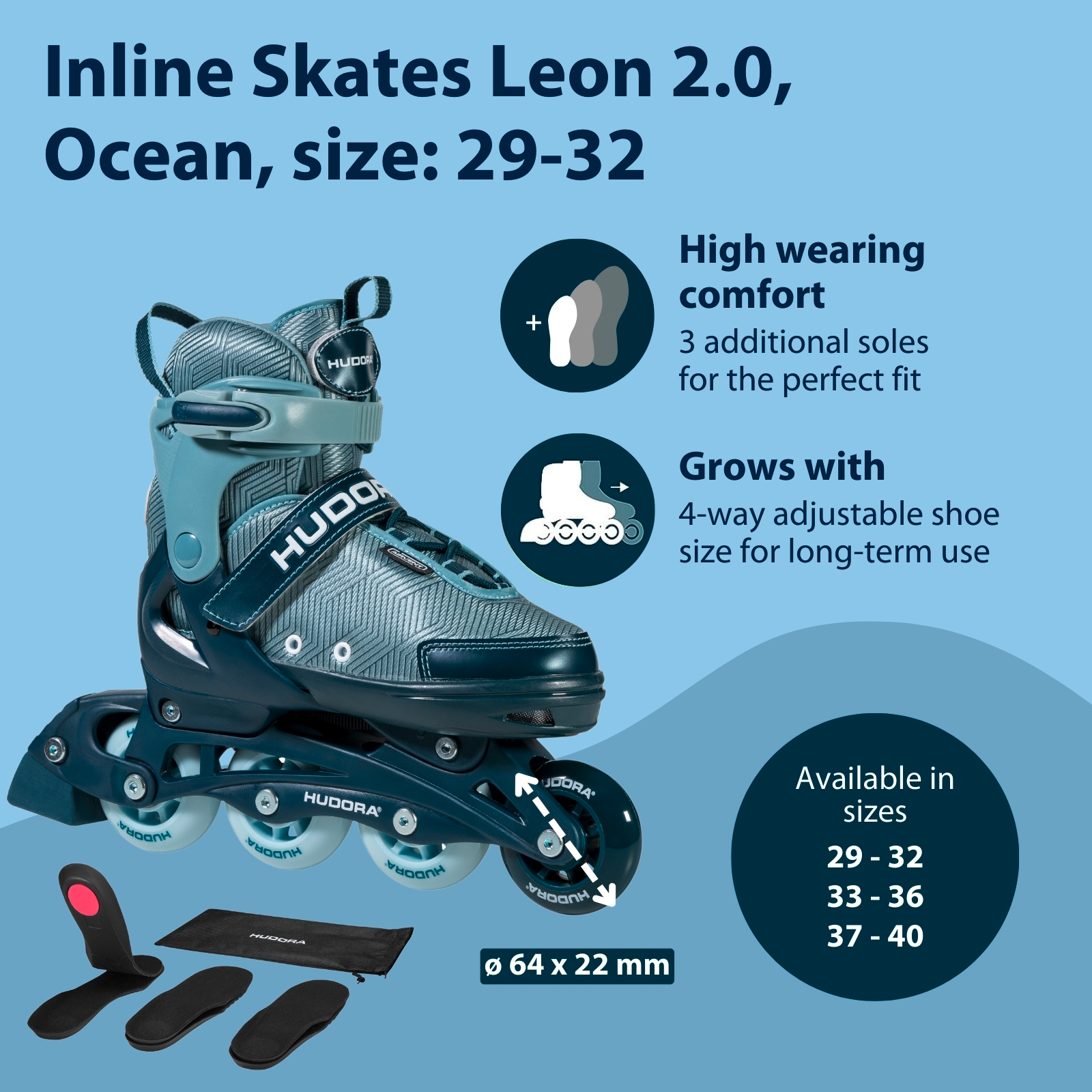 Inline skates, Leon 2.0, ocean, size 29-40, image 2 from 7