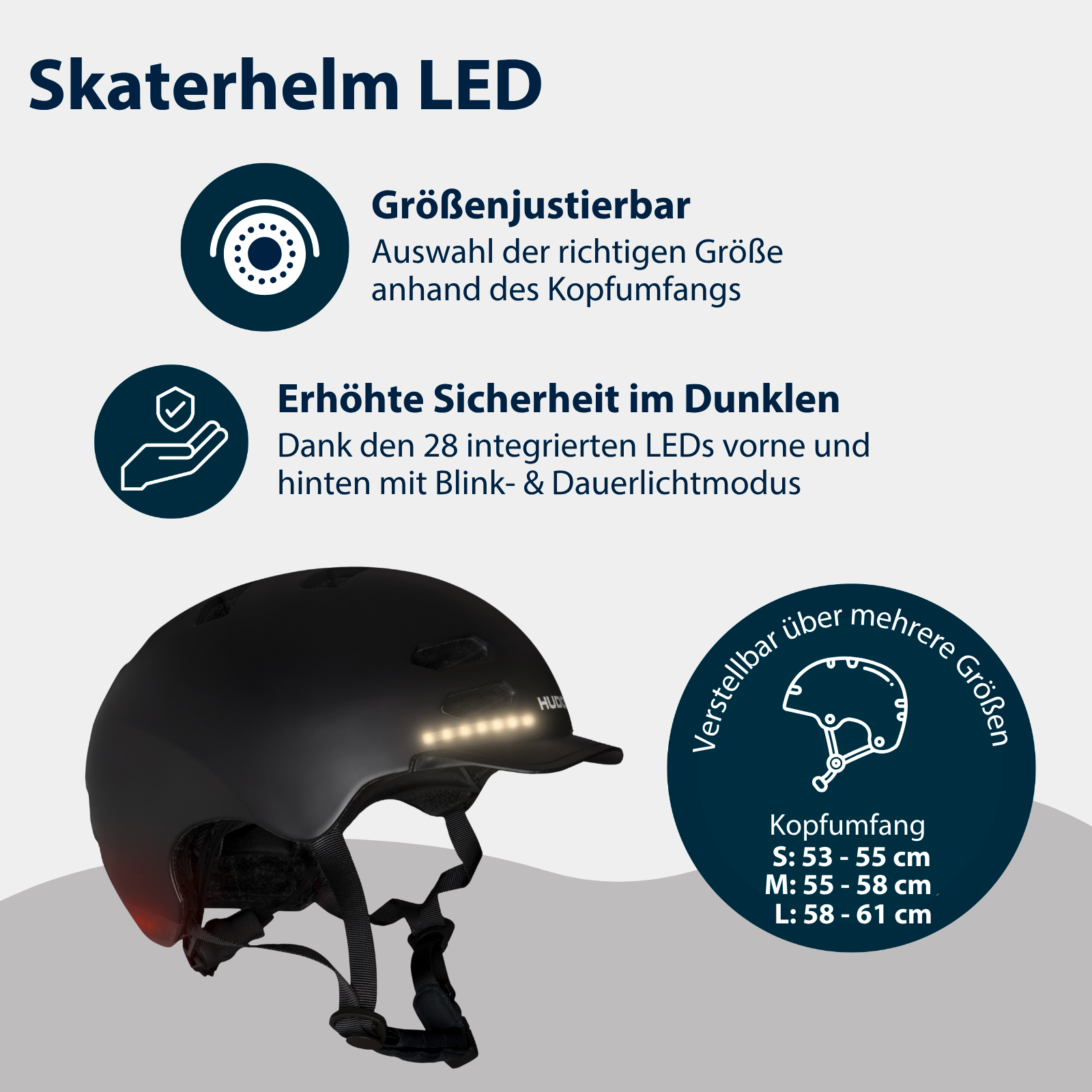 HUDORA Skaterhelm LED, schwarz Größe S, Bild 2 von 7