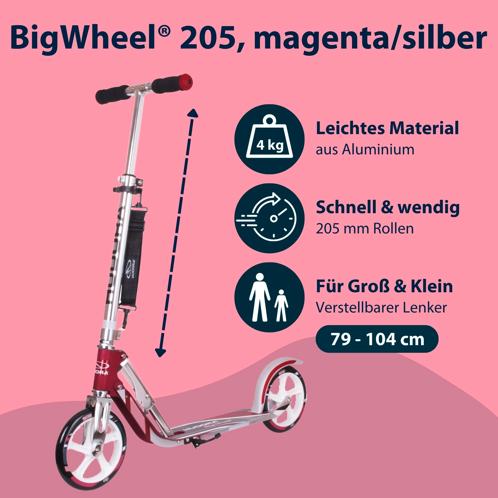 HUDORA BigWheel® 205, Scooter magenta/silber, Bild 2 von 7