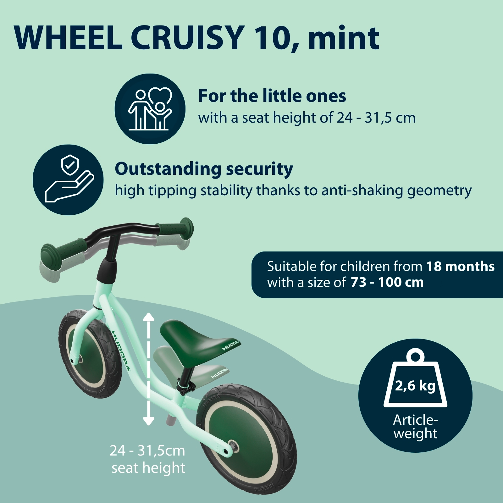 HUDORA Cruisy balance bike, mint, image 2 from 6