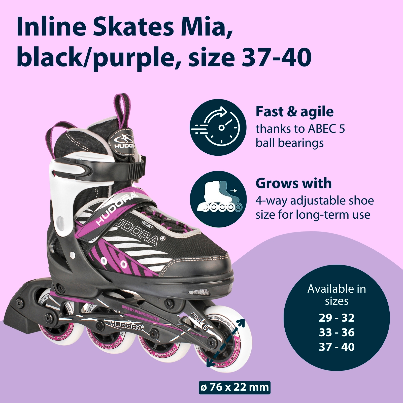 HUDORA children's inliner Mia, size 29-40, black/purple, image 2 from 7